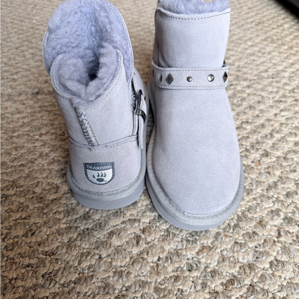 BearPaw Light Gray Suede Fur lined Boots with Studded Strap